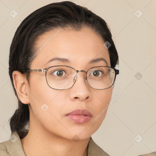 Neutral white young-adult female with medium  brown hair and brown eyes