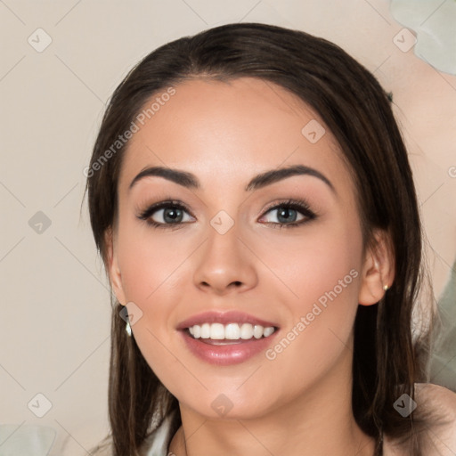 Joyful white young-adult female with medium  black hair and brown eyes