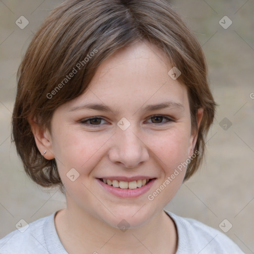 Joyful white child female with medium  brown hair and brown eyes