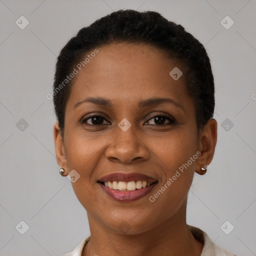 Joyful black young-adult female with short  brown hair and brown eyes