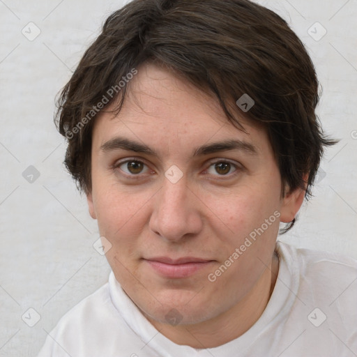 Joyful white young-adult female with short  brown hair and brown eyes