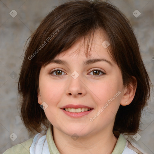 Joyful white child female with medium  brown hair and brown eyes
