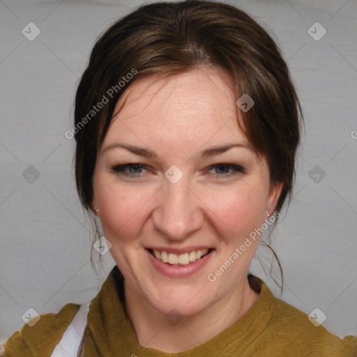 Joyful white young-adult female with medium  brown hair and blue eyes