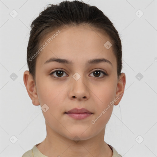 Neutral white young-adult female with short  brown hair and brown eyes