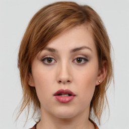 Neutral white young-adult female with medium  brown hair and brown eyes