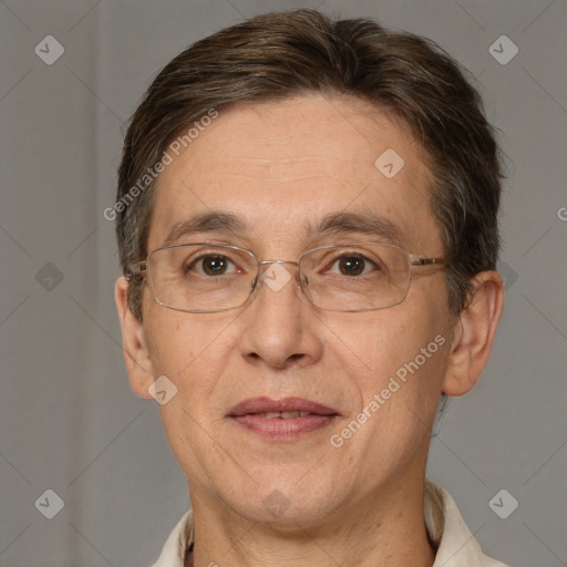 Joyful white middle-aged male with short  brown hair and brown eyes