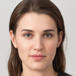 Neutral white young-adult female with medium  brown hair and grey eyes