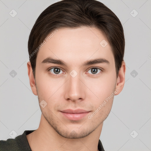 Neutral white young-adult male with short  brown hair and brown eyes