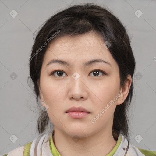 Neutral white young-adult female with medium  brown hair and brown eyes