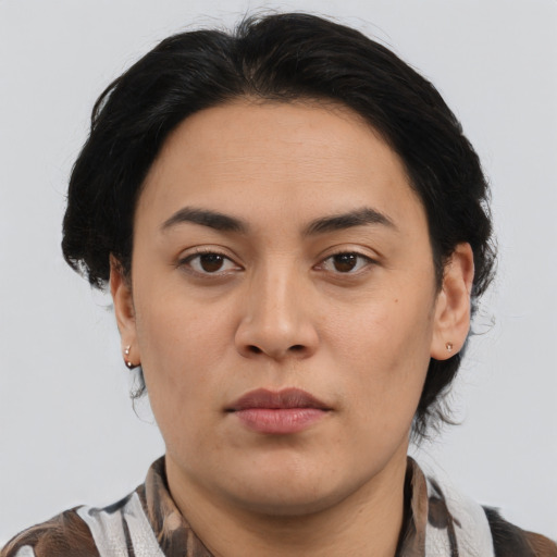 Neutral asian young-adult female with medium  brown hair and brown eyes