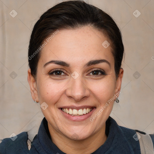 Joyful white young-adult female with medium  brown hair and brown eyes