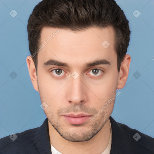 Neutral white young-adult male with short  brown hair and brown eyes