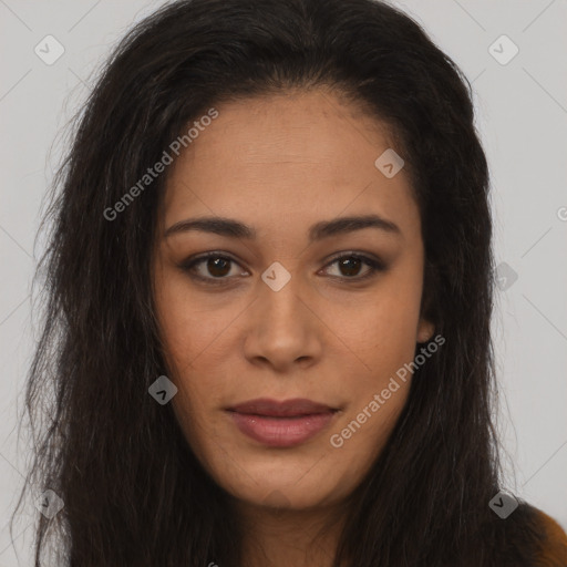 Joyful latino young-adult female with long  brown hair and brown eyes