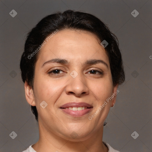 Joyful white adult female with short  brown hair and brown eyes