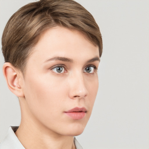 Neutral white young-adult female with short  brown hair and brown eyes