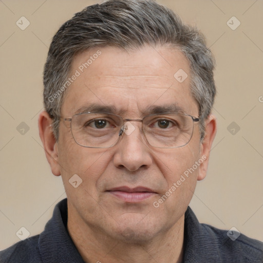 Joyful white middle-aged male with short  gray hair and brown eyes