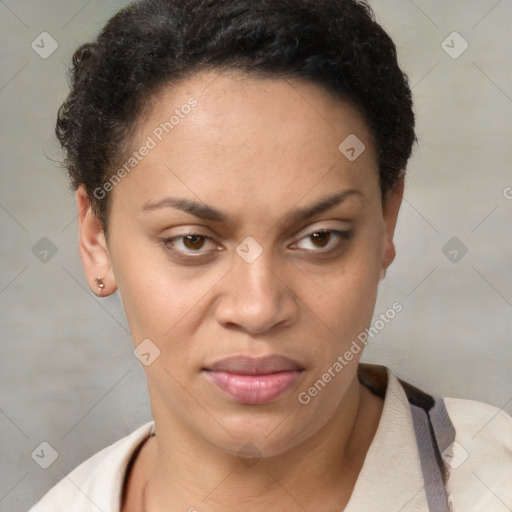 Joyful latino young-adult female with short  brown hair and brown eyes