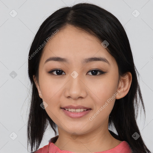 Joyful asian young-adult female with medium  black hair and brown eyes