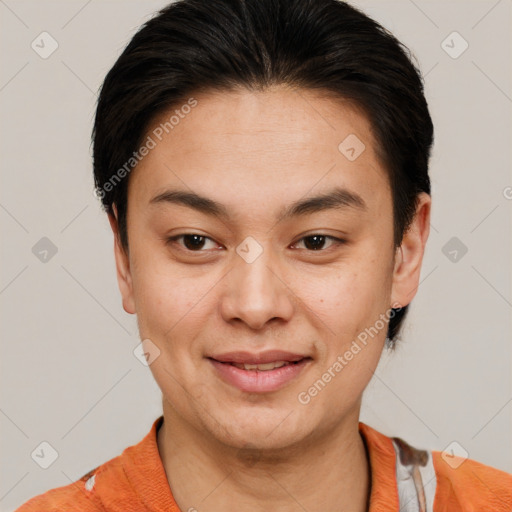 Joyful white young-adult female with short  brown hair and brown eyes