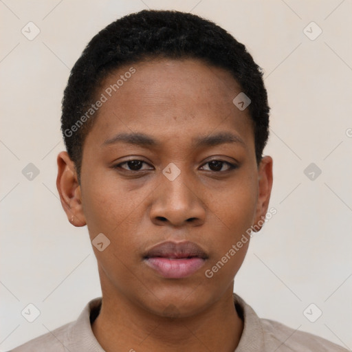 Neutral black young-adult female with short  black hair and brown eyes