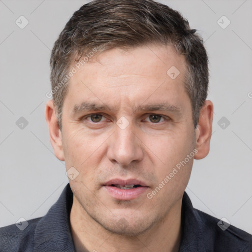 Neutral white adult male with short  brown hair and brown eyes