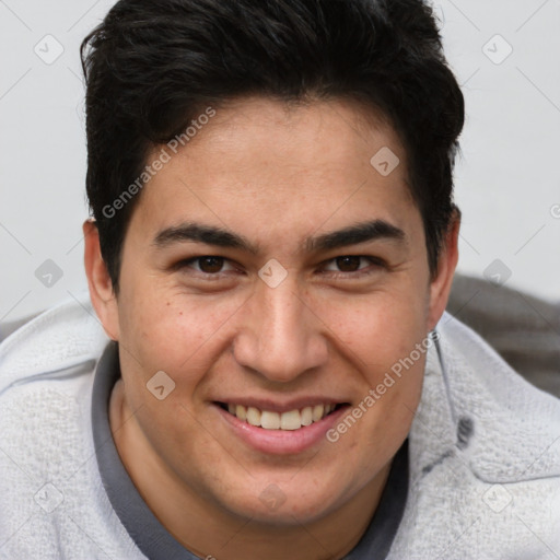 Joyful latino young-adult male with short  brown hair and brown eyes