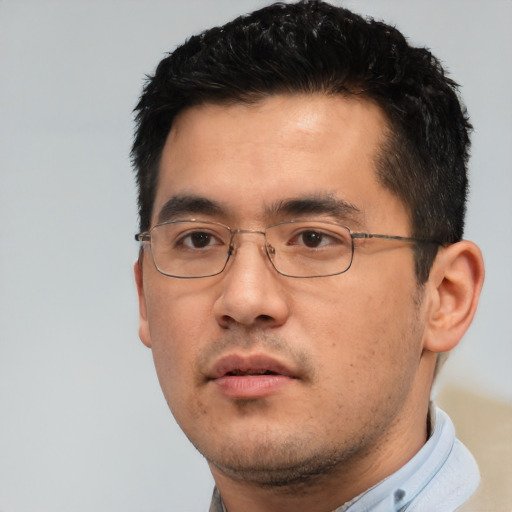 Neutral asian young-adult male with short  black hair and brown eyes