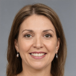 Joyful white adult female with medium  brown hair and grey eyes