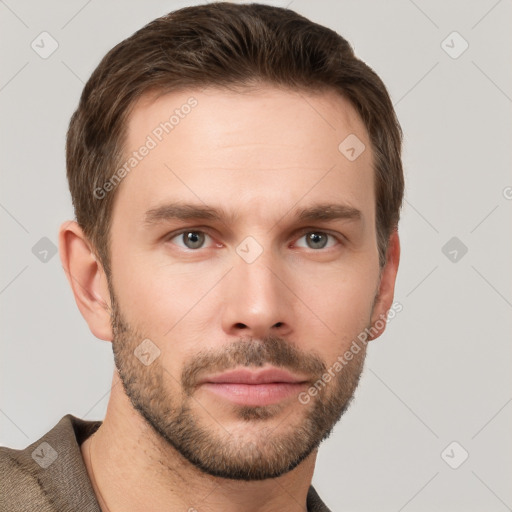 Neutral white young-adult male with short  brown hair and grey eyes