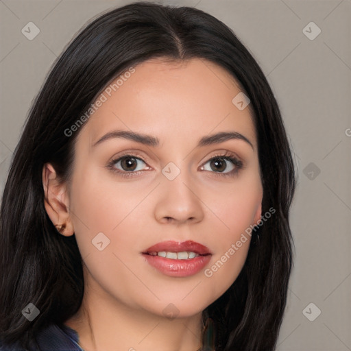 Joyful white young-adult female with long  black hair and brown eyes