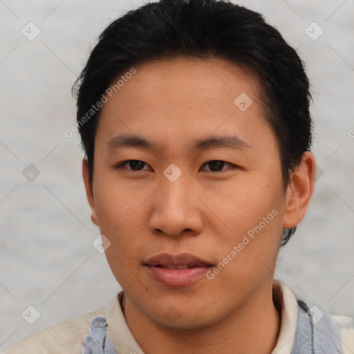 Neutral asian young-adult male with short  brown hair and brown eyes