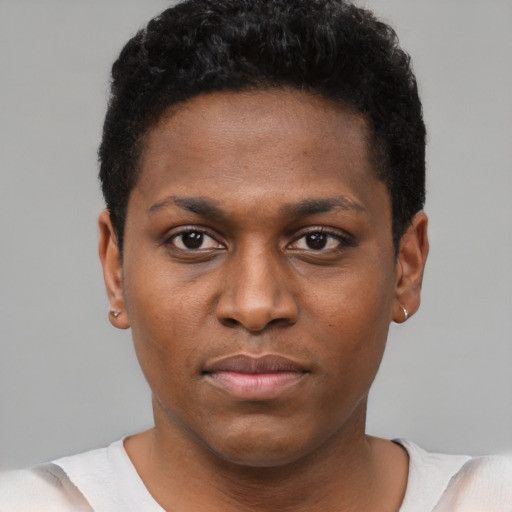 Neutral black young-adult male with short  black hair and brown eyes