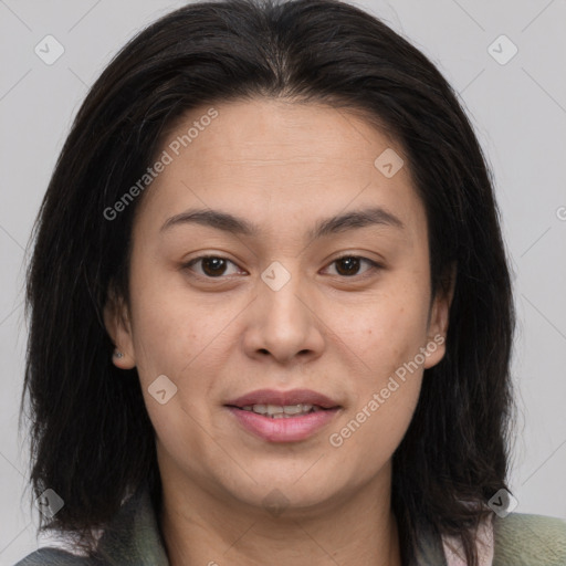 Joyful white young-adult female with medium  brown hair and brown eyes