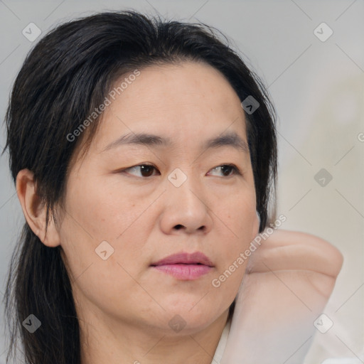 Neutral white young-adult female with medium  brown hair and brown eyes