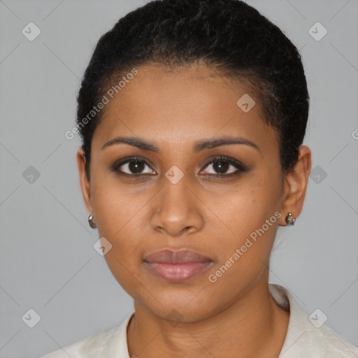 Neutral black young-adult female with short  black hair and brown eyes