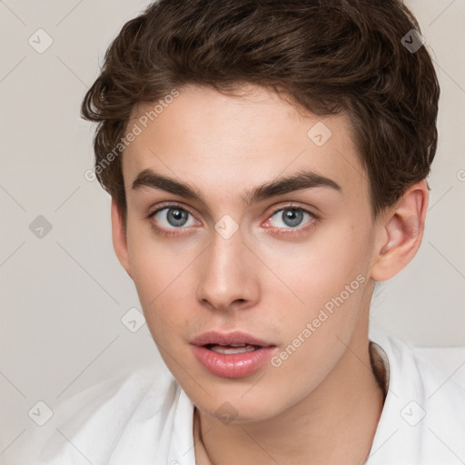 Neutral white young-adult male with short  brown hair and grey eyes