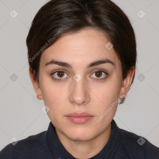 Neutral white young-adult female with medium  brown hair and brown eyes