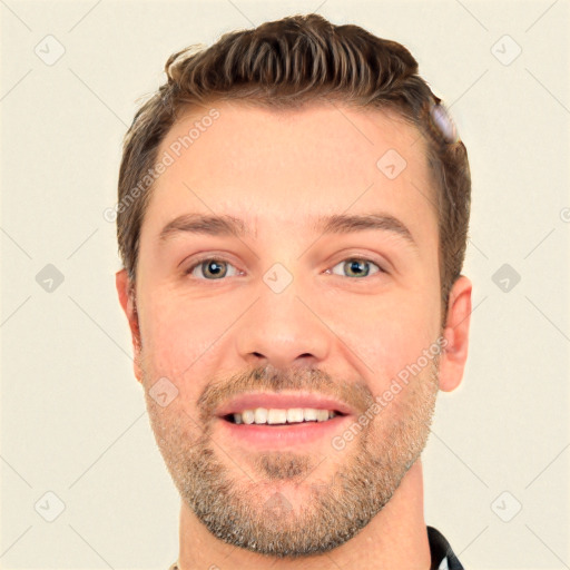 Joyful white young-adult male with short  brown hair and brown eyes