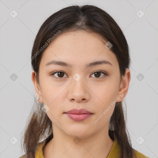 Neutral white young-adult female with medium  brown hair and brown eyes