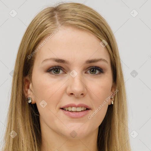 Joyful white young-adult female with long  brown hair and brown eyes