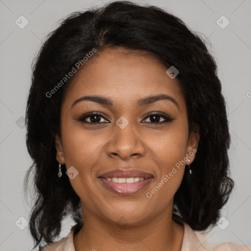 Joyful black young-adult female with medium  brown hair and brown eyes