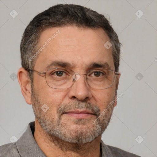 Neutral white middle-aged male with short  brown hair and brown eyes