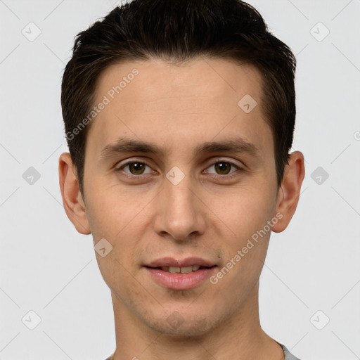 Joyful white young-adult male with short  brown hair and brown eyes