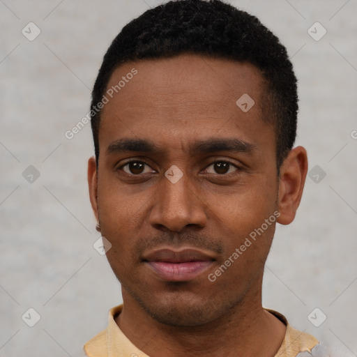 Neutral latino young-adult male with short  black hair and brown eyes