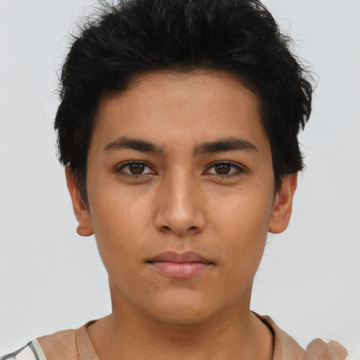Neutral asian young-adult female with short  black hair and brown eyes
