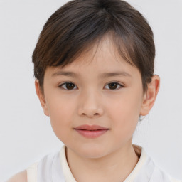 Joyful white child female with short  brown hair and brown eyes