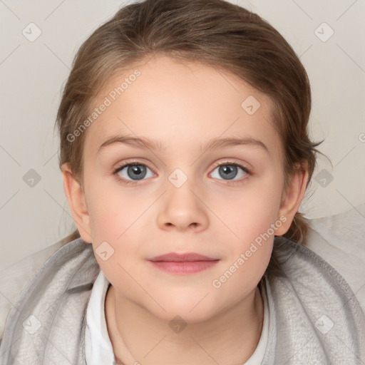 Joyful white child female with medium  brown hair and blue eyes