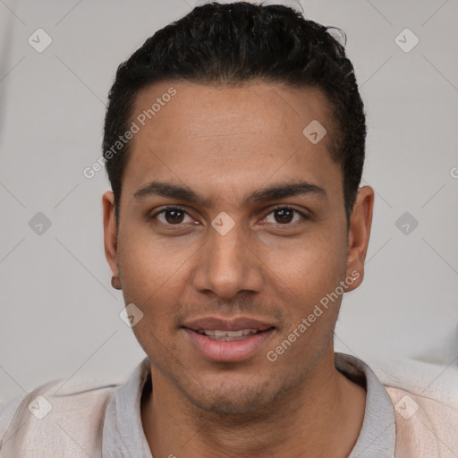 Joyful white young-adult male with short  black hair and brown eyes