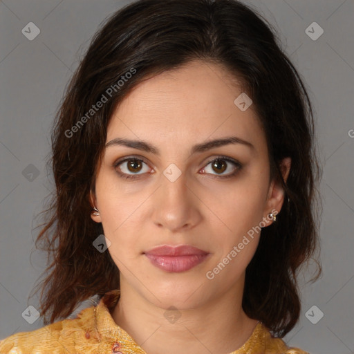 Neutral white young-adult female with medium  brown hair and brown eyes