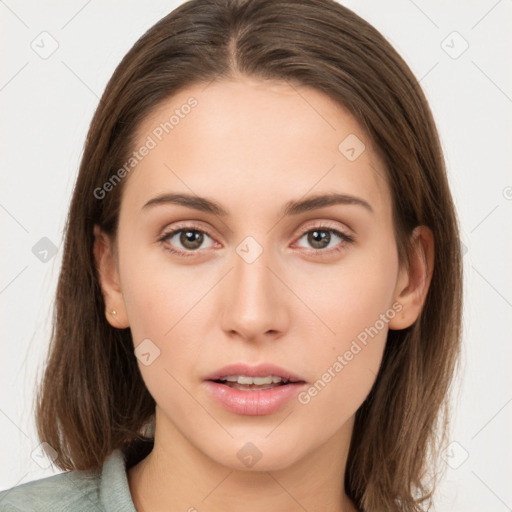 Neutral white young-adult female with medium  brown hair and brown eyes